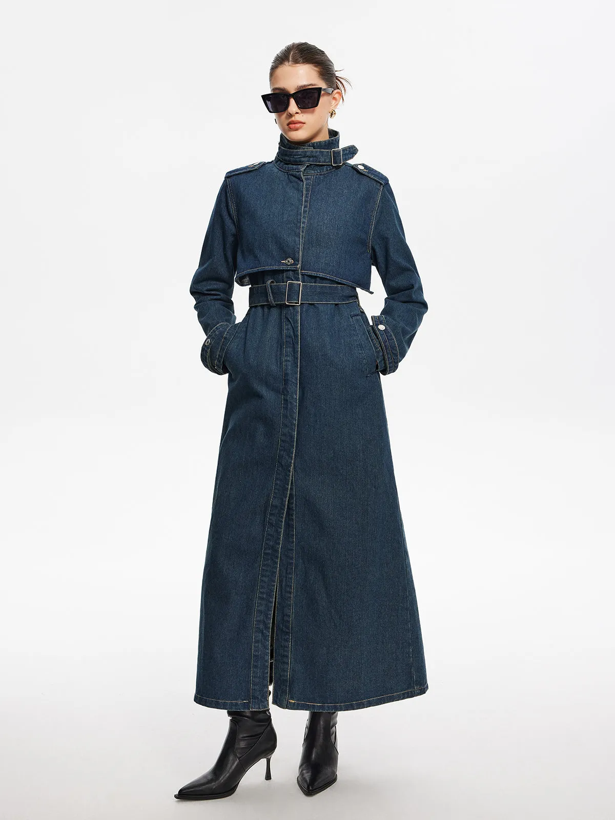 Button Belted Denim Long Coat sold by COMMENSE