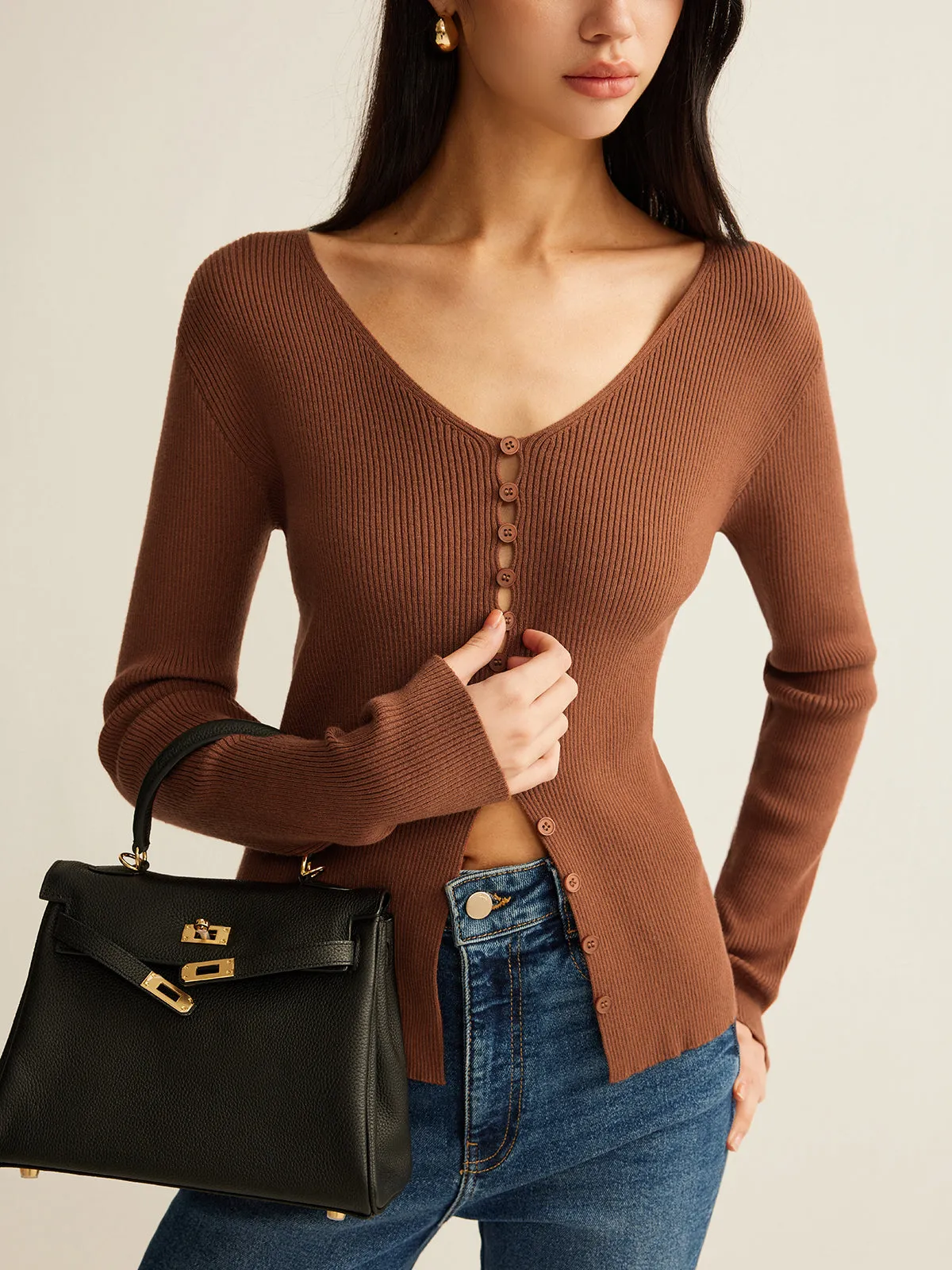 V-Neck Breasted Knit Top sold by COMMENSE
