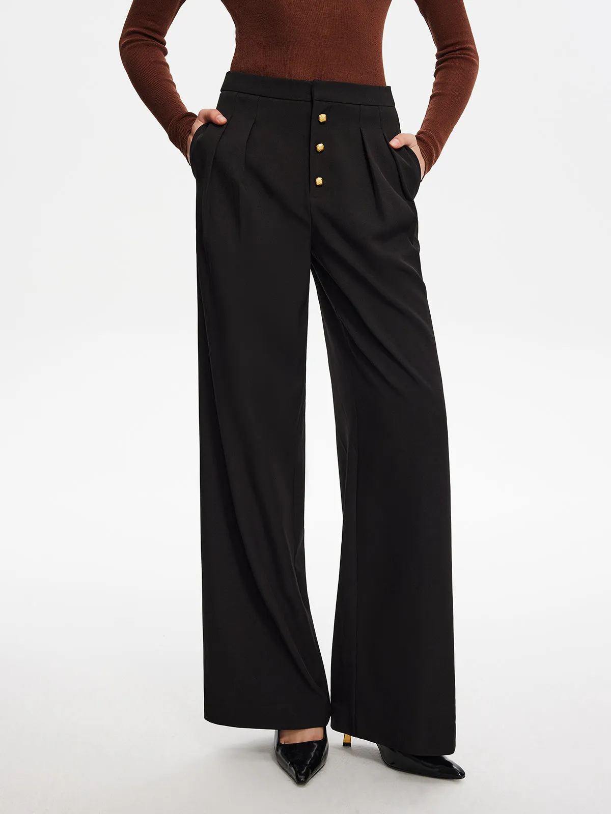 Metal-Button Pleated Straight Pants sold by COMMENSE product image thumbnail 4