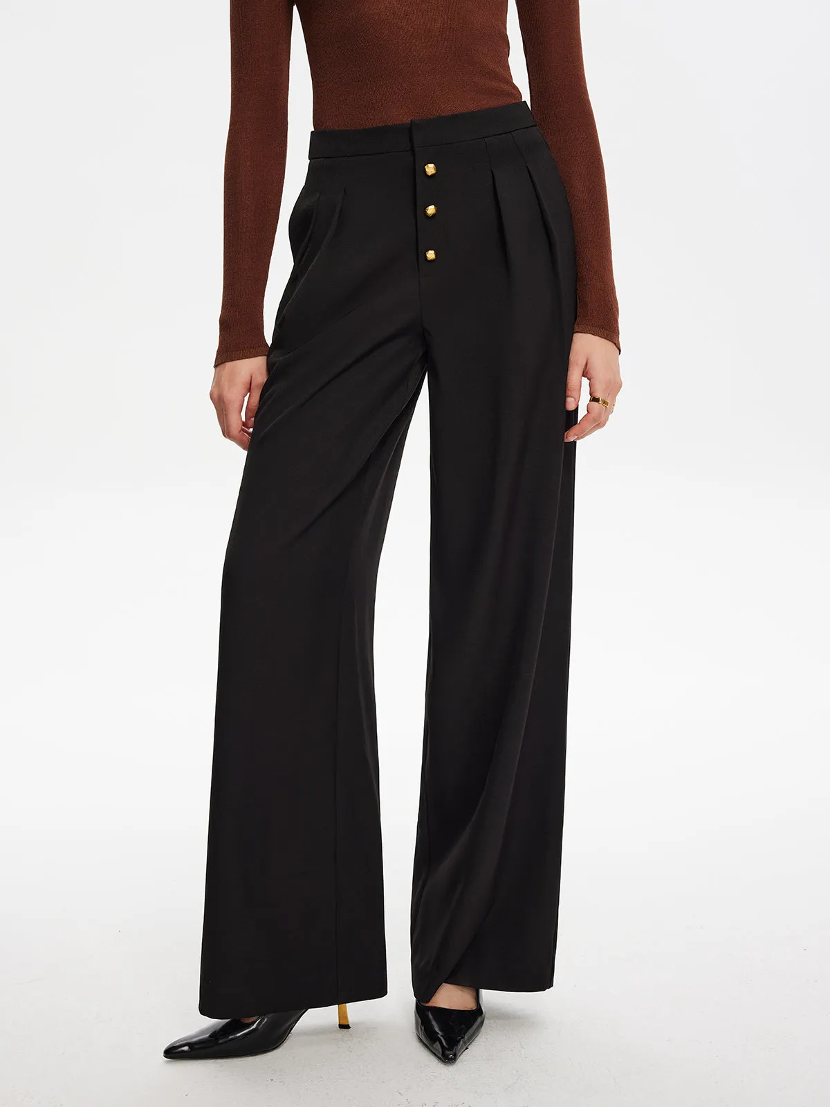 Metal-Button Pleated Straight Pants sold by COMMENSE