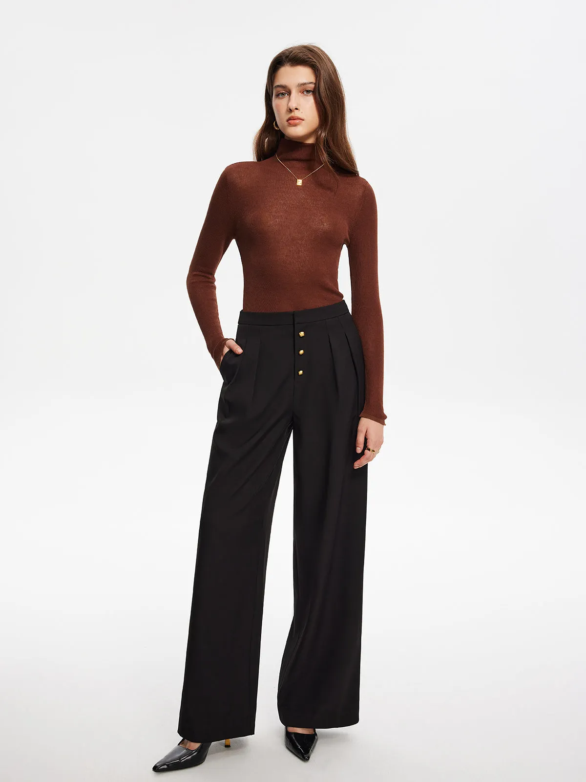 Metal-Button Pleated Straight Pants sold by COMMENSE product image thumbnail 2