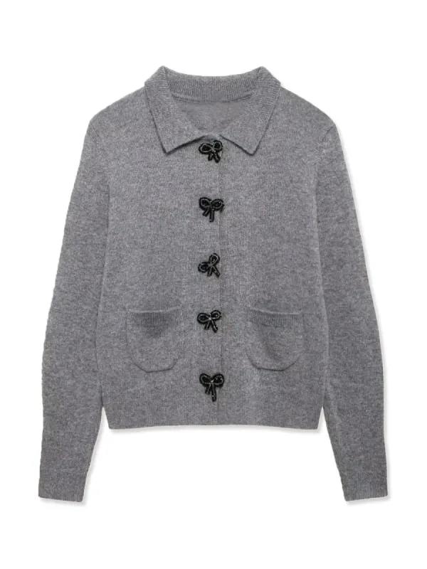 Rhinestone Bow-Button Lapel Cardigan sold by COMMENSE