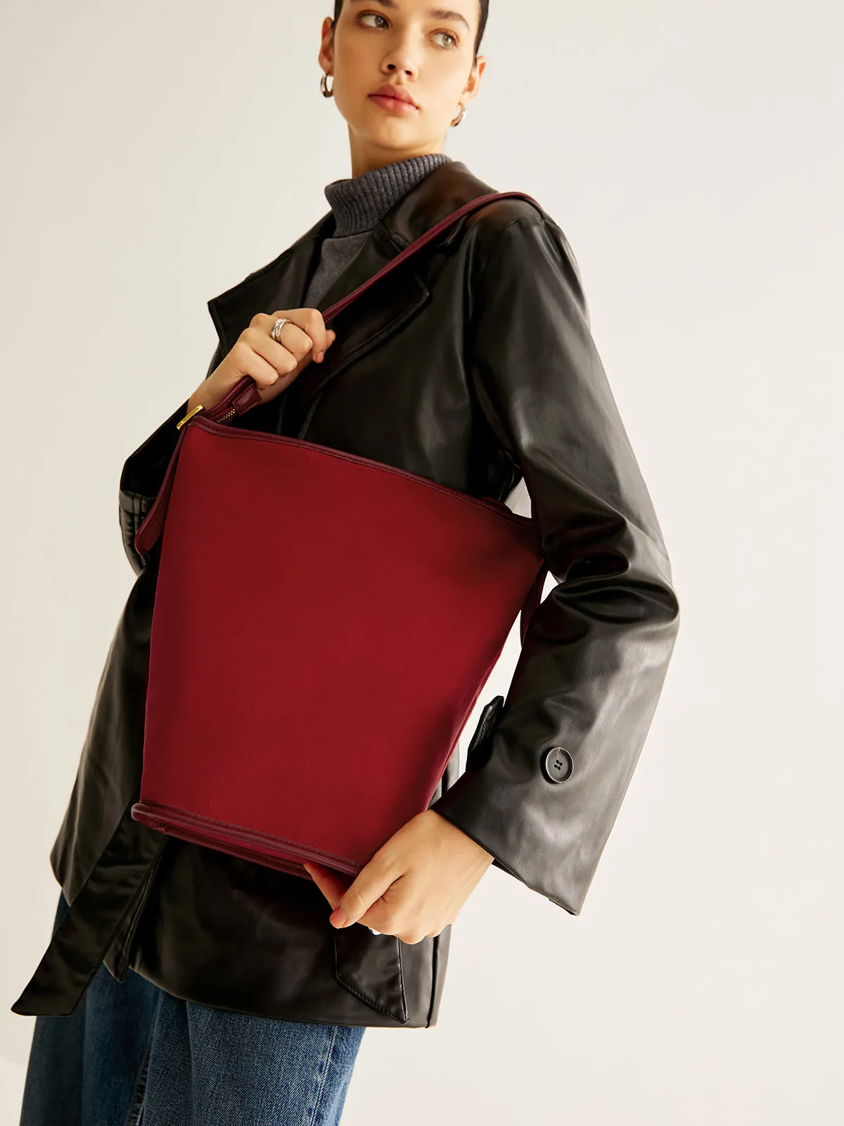 Adjustable Strap Suede Bucket Bag sold by COMMENSE product image thumbnail 4