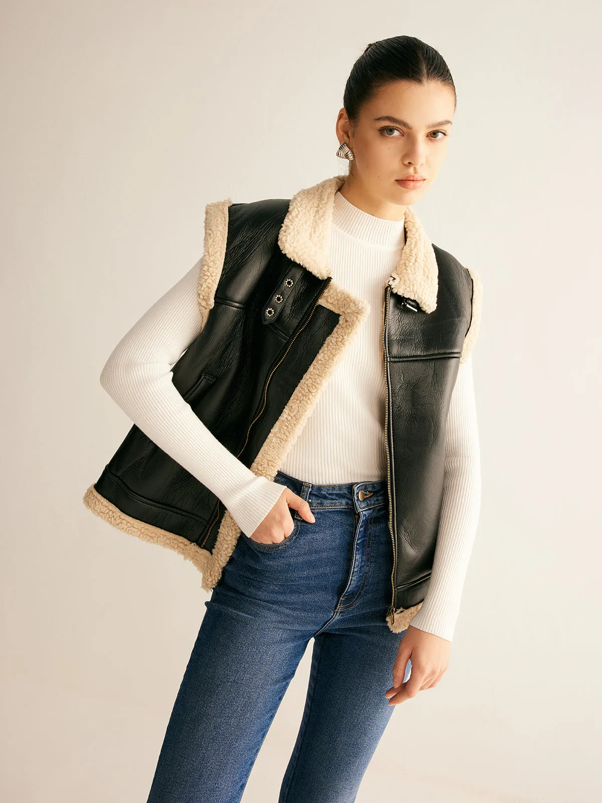 Teddy Lined PU Leather Vest sold by COMMENSE product image thumbnail 4