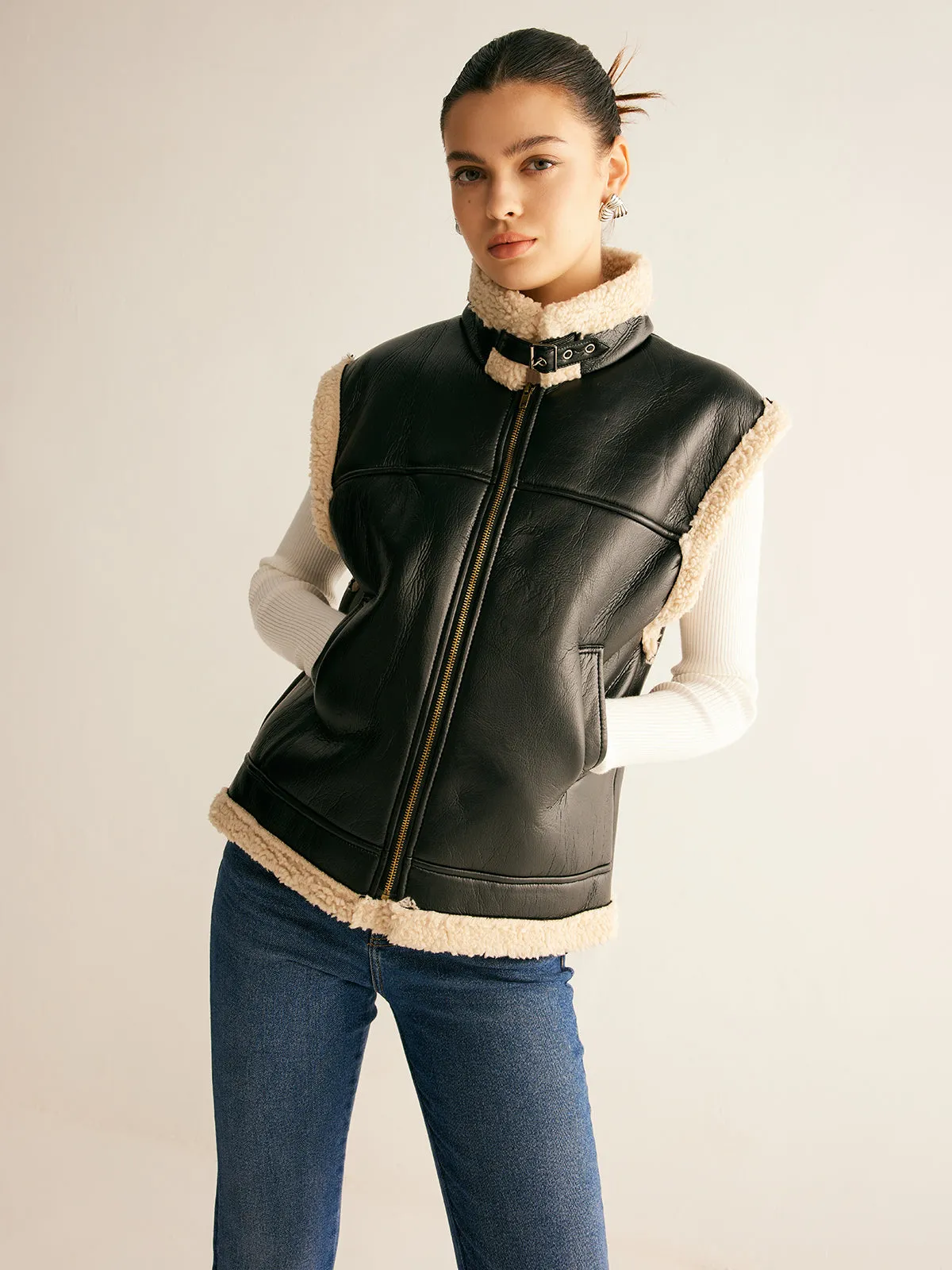 Teddy Lined PU Leather Vest sold by COMMENSE product image thumbnail 5