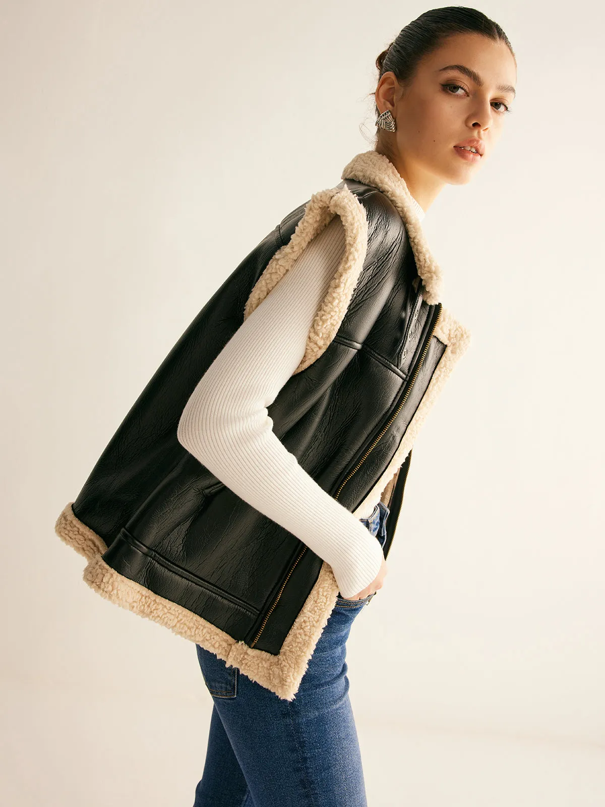 Teddy Lined PU Leather Vest sold by COMMENSE product image thumbnail 3