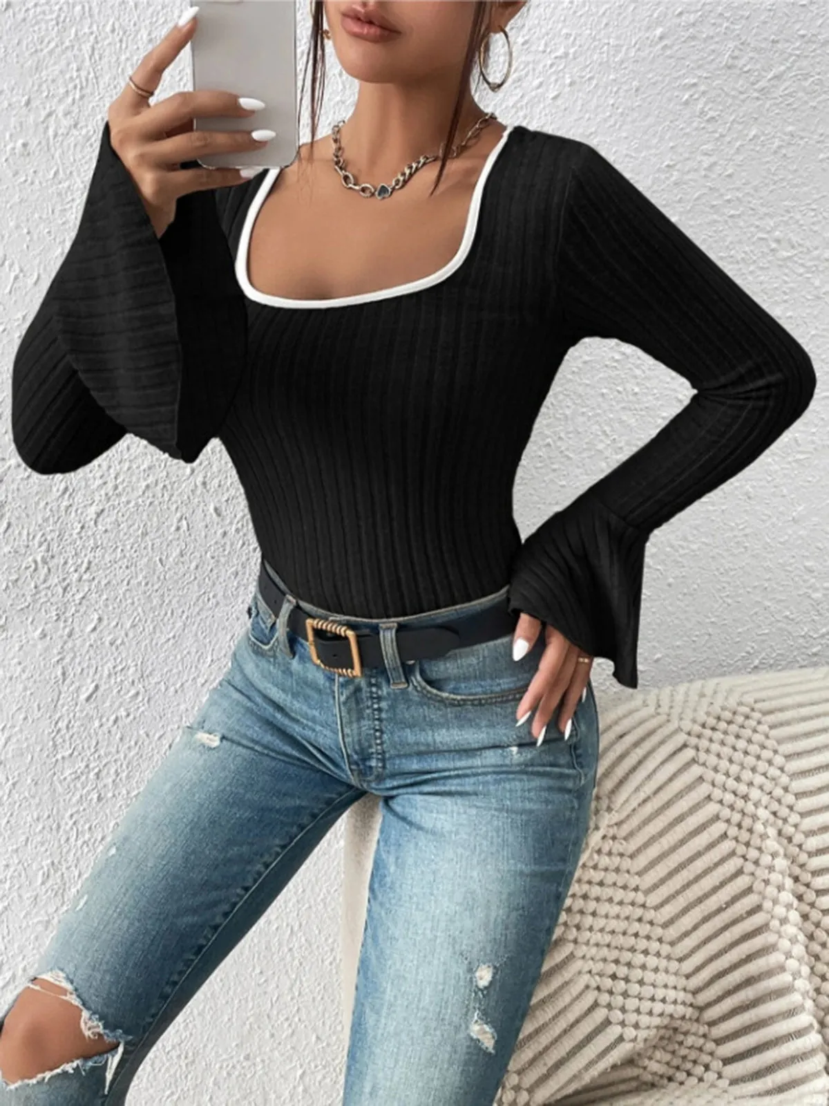 Square Neck Ruffle-Cuff Slim Top sold by COMMENSE product image thumbnail 5