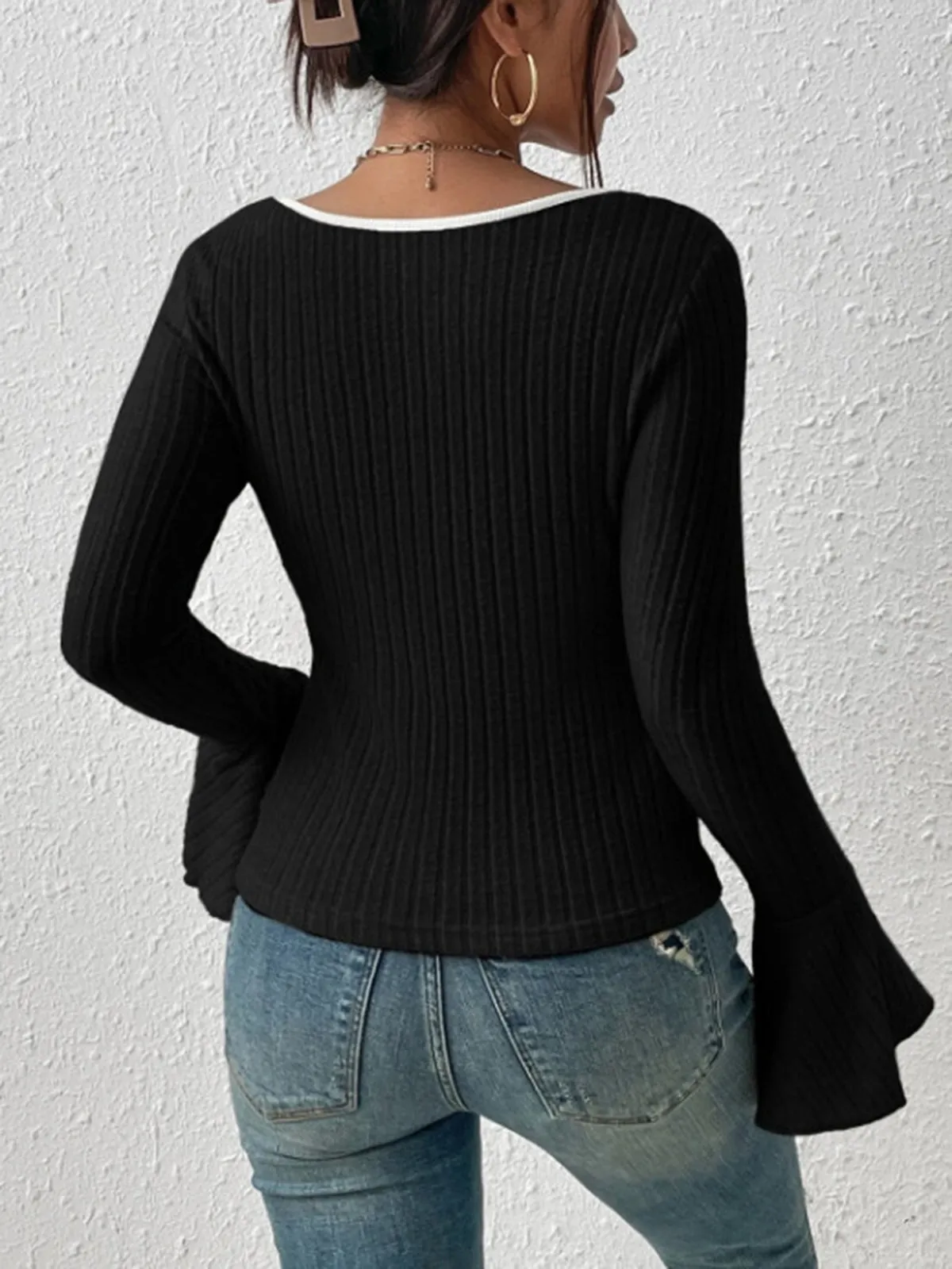 Square Neck Ruffle-Cuff Slim Top sold by COMMENSE product image thumbnail 4