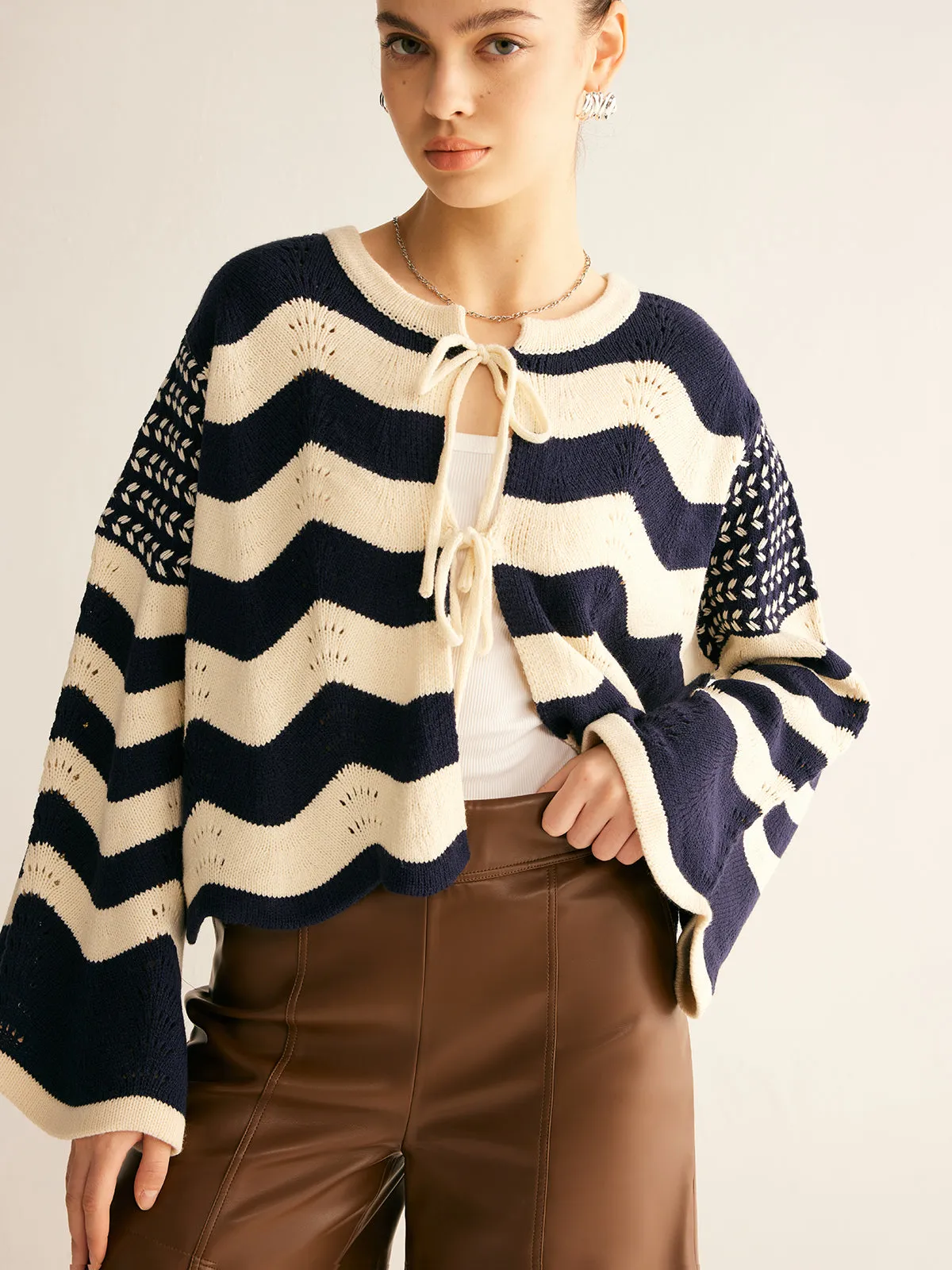 Two-Tone Chevron Lace Up Knit Outerwear sold by COMMENSE product image thumbnail 3