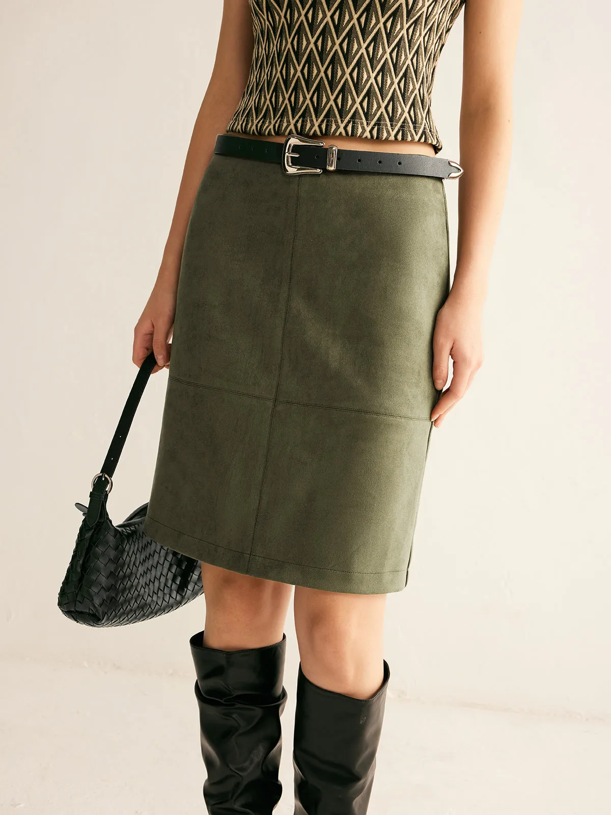 Suede Effect A-Line Skirt Without Belt sold by COMMENSE