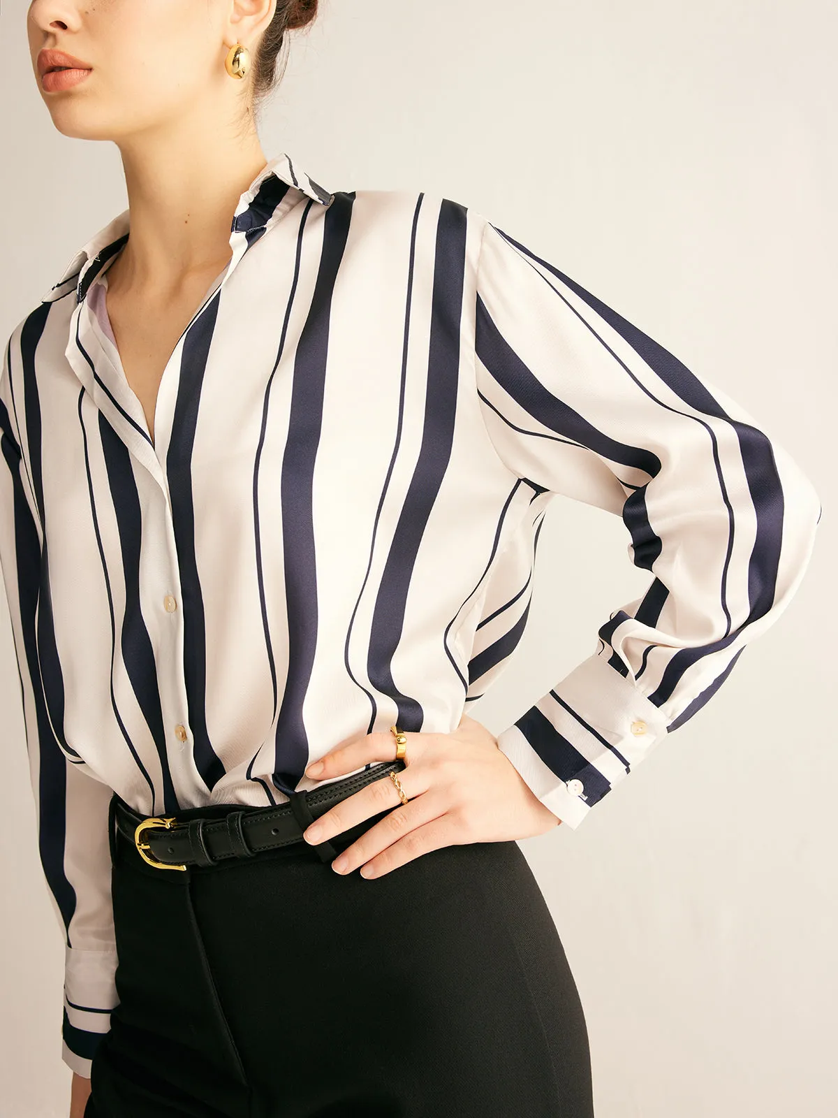 Pinstripe Lapel Thin Shirt sold by COMMENSE