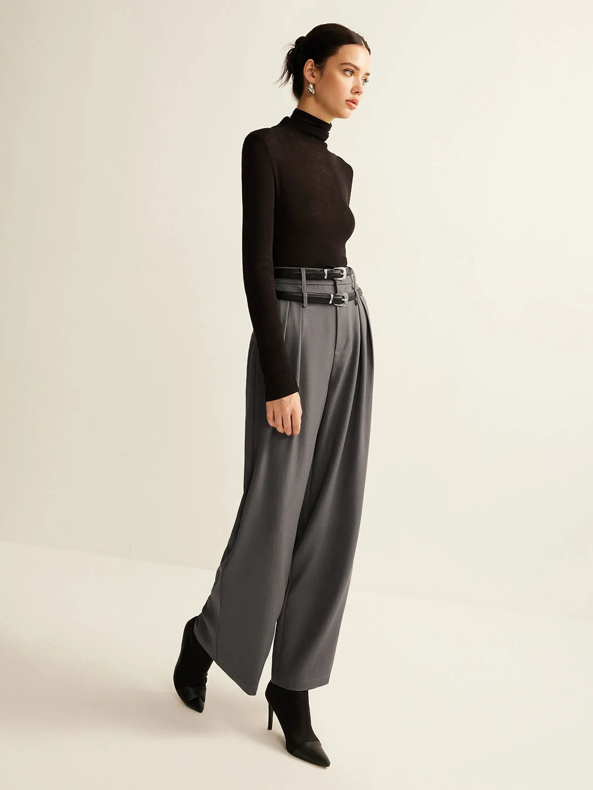 Double-Belt Pleated Straight Pants sold by COMMENSE product image thumbnail 4
