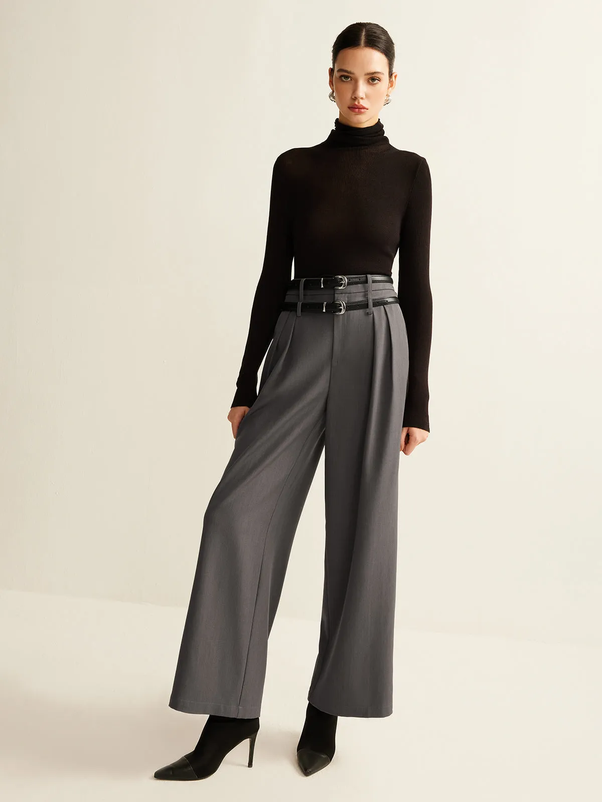 Double-Belt Pleated Straight Pants sold by COMMENSE