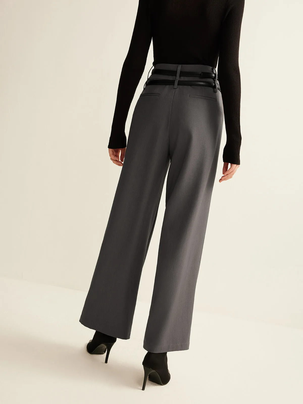 Double-Belt Pleated Straight Pants sold by COMMENSE product image thumbnail 5