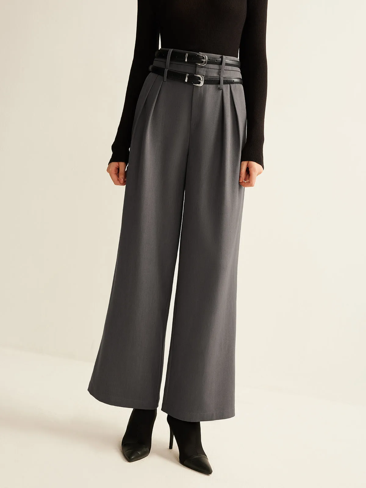 Double-Belt Pleated Straight Pants sold by COMMENSE product image thumbnail 2