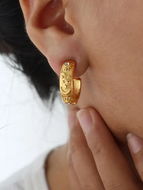 Embossed Pattern Zircon Hoop Earrings sold by COMMENSE