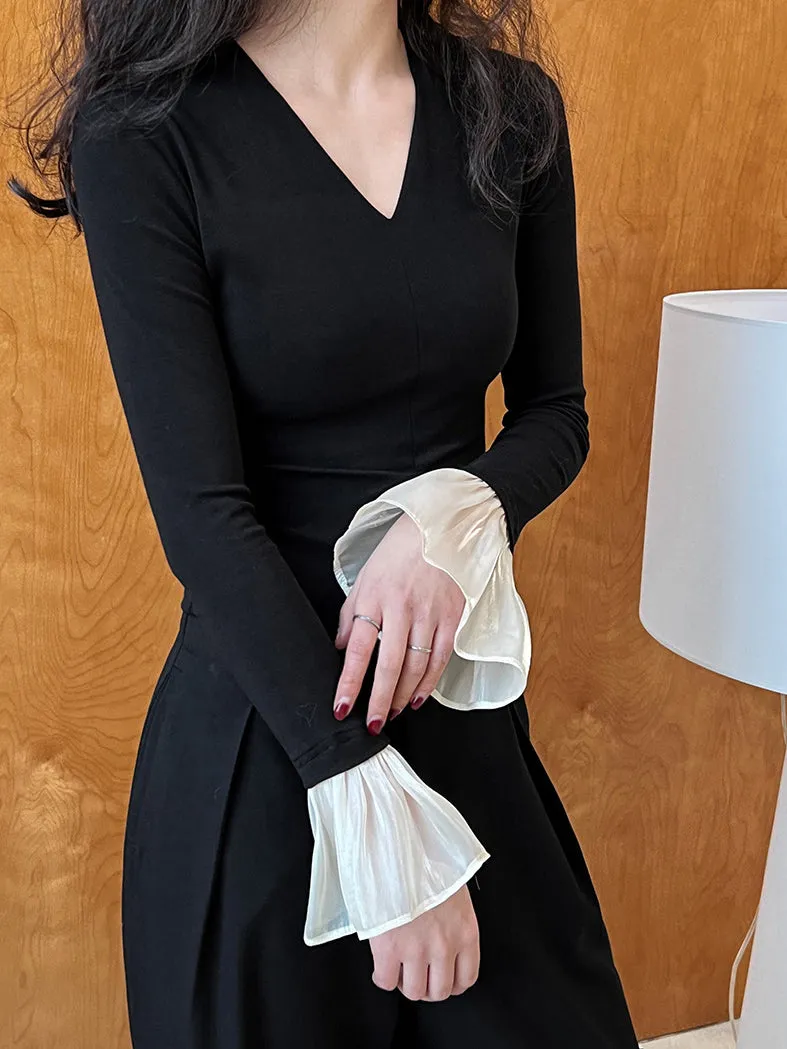 V-Neck Contrast Ruffle-Cuff Blouse sold by COMMENSE