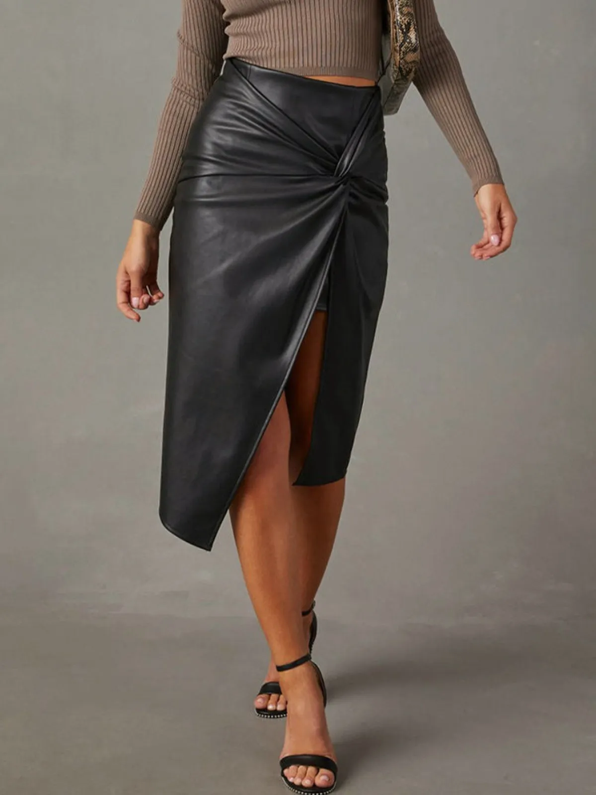 Knotted Slit Faux Leather Skirt sold by COMMENSE product image thumbnail 2