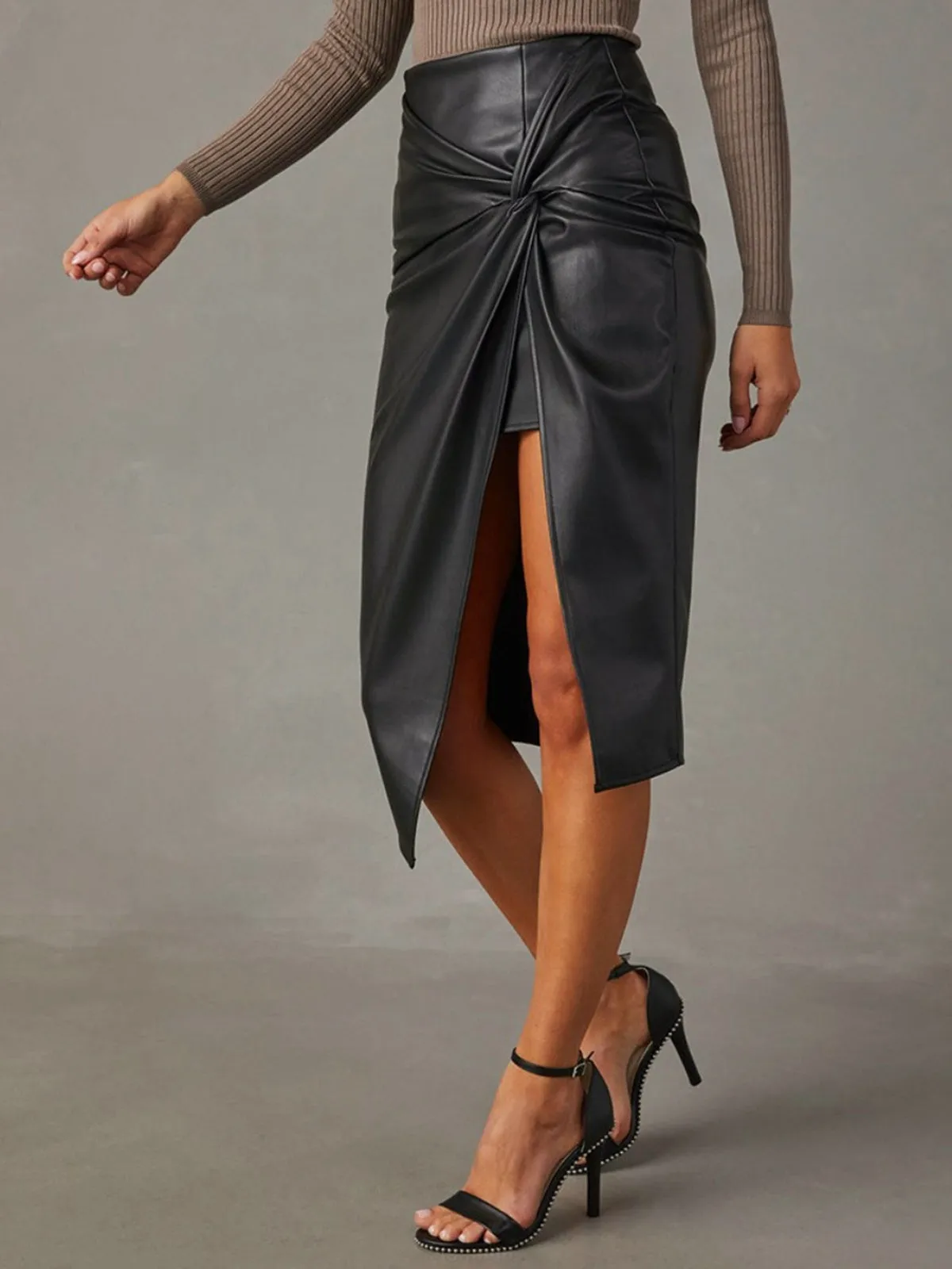Knotted Slit Faux Leather Skirt sold by COMMENSE product image thumbnail 4