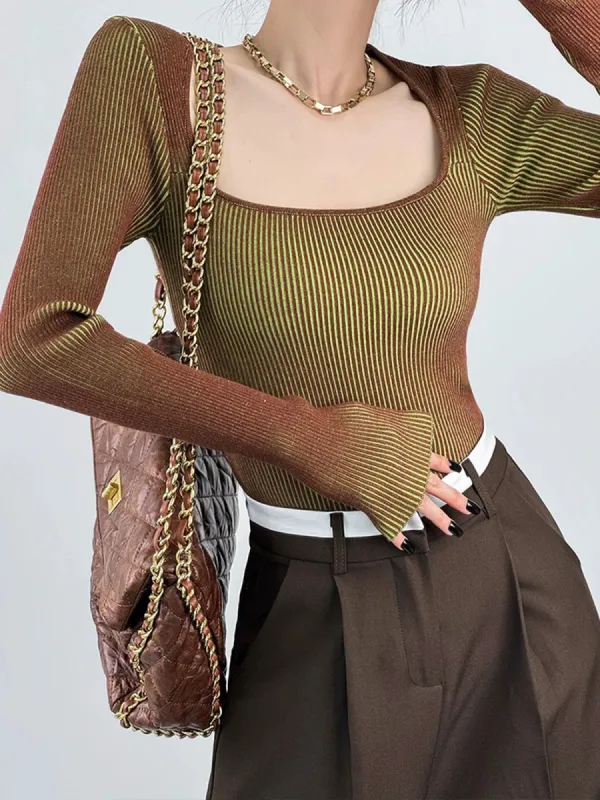 Square Neck Ombre Knit Top sold by COMMENSE