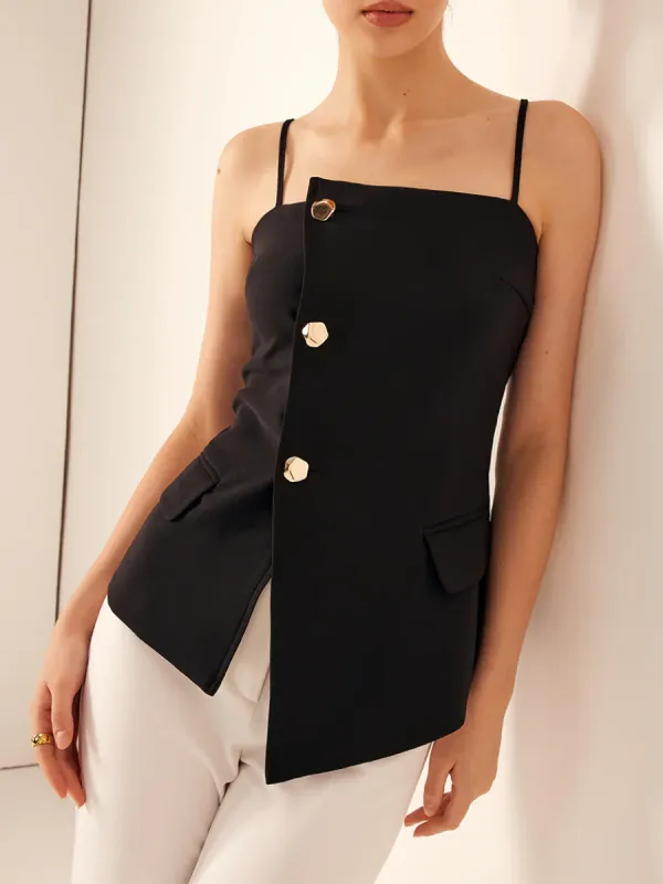 Button Adjustable-Strap Wrap Cami Top sold by COMMENSE