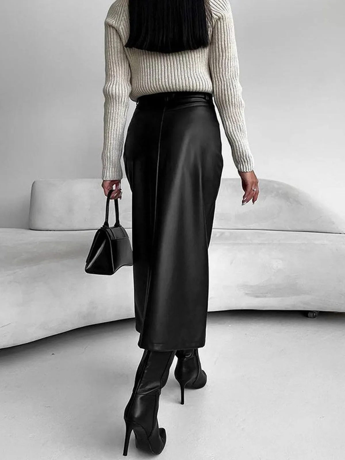 Faux Leather Slit Midi Skirt sold by COMMENSE product image thumbnail 4