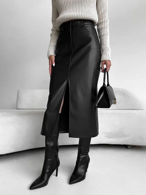 Faux Leather Slit Midi Skirt sold by COMMENSE