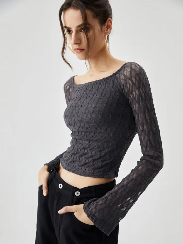 Semi-sheer Boat Neck Mesh Crop Top sold by COMMENSE
