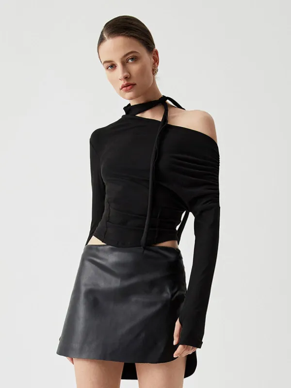 Asymmetric Off Shoulder Long Sleeve Tie Shirt sold by COMMENSE