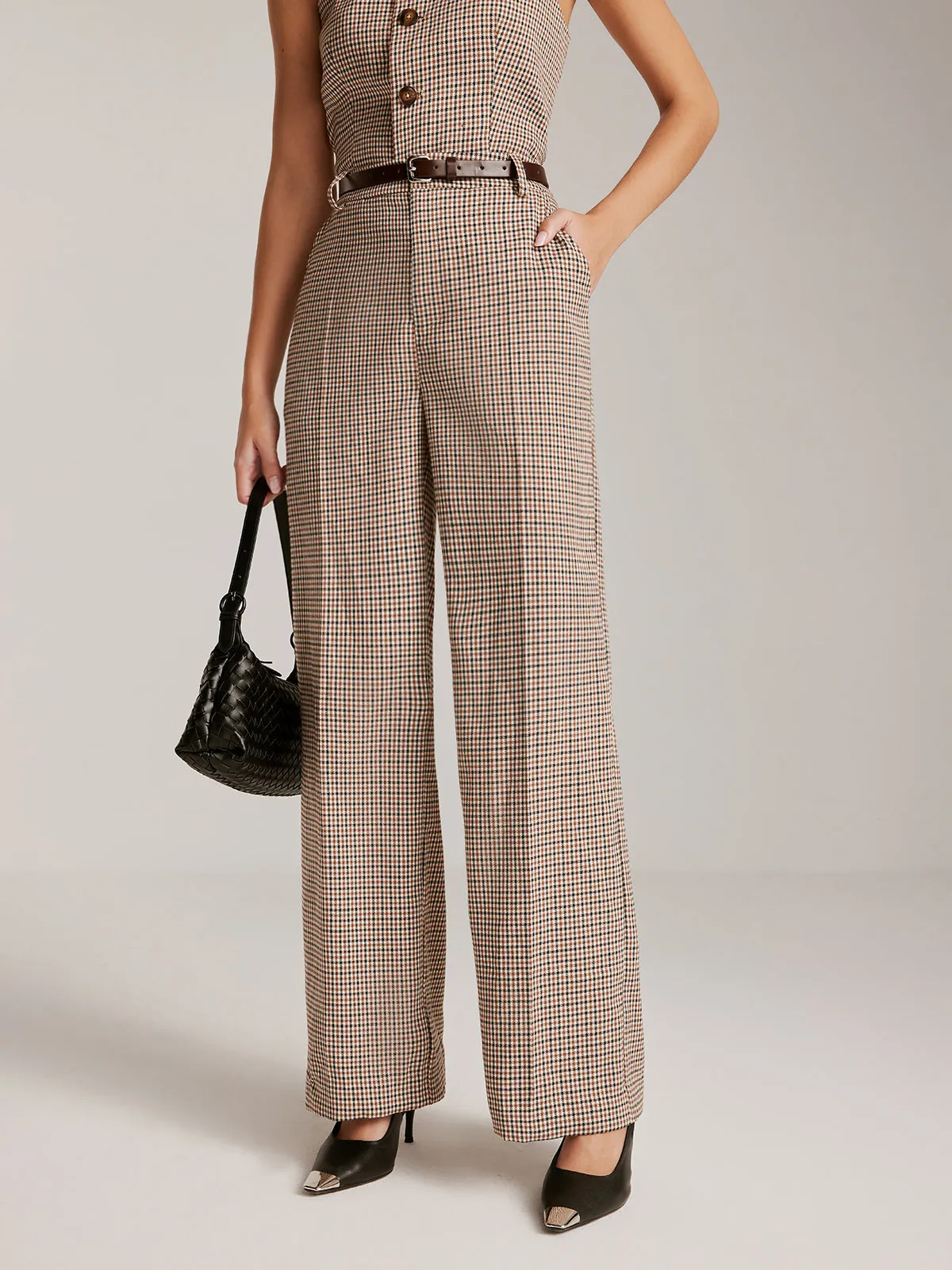 High-Waist Plaid Belted Pants sold by COMMENSE product image thumbnail 4