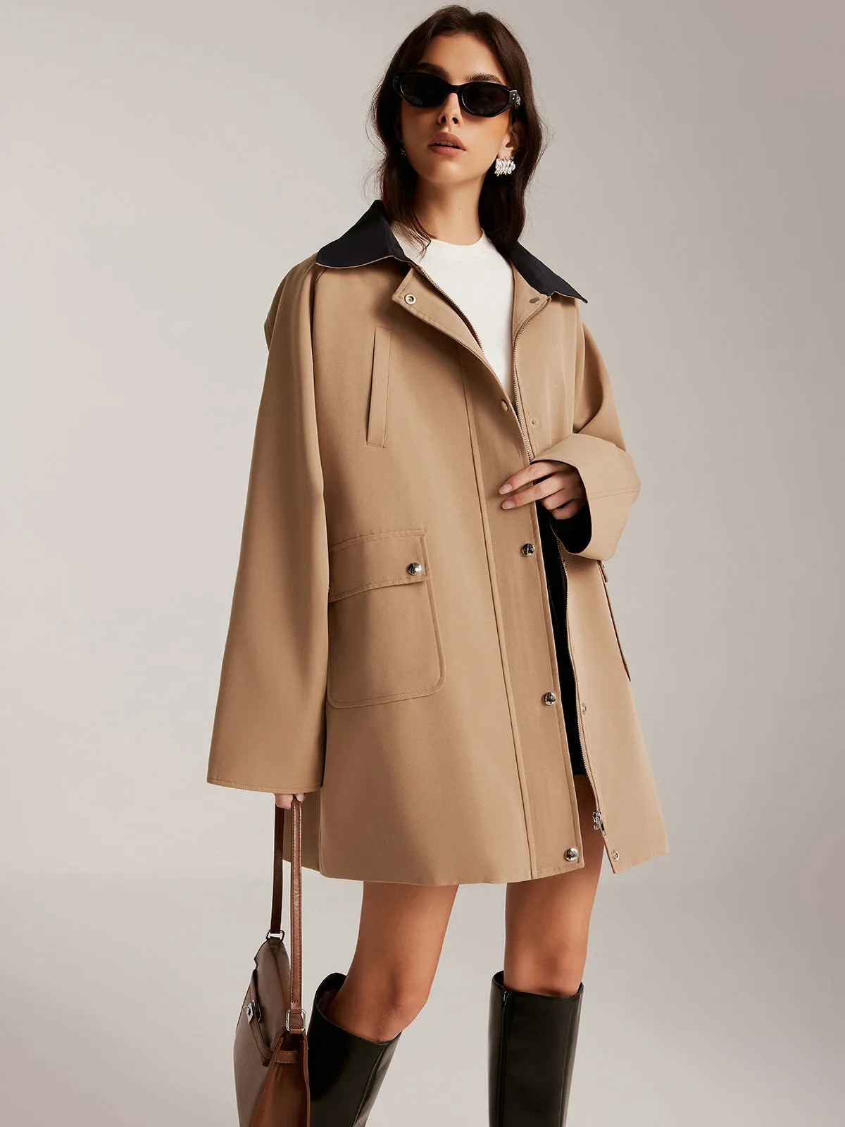 Contrast-Collar Zipper Loose Trench Coat sold by COMMENSE product image thumbnail 5