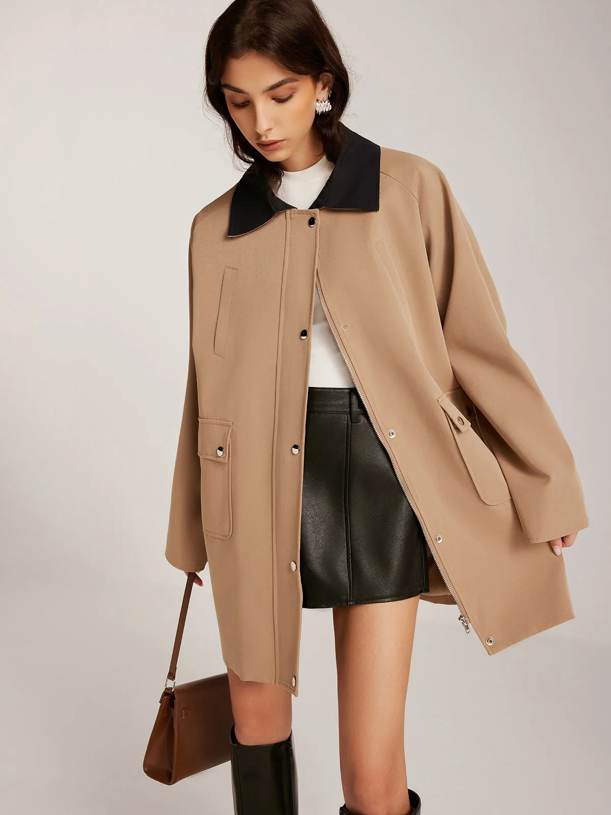 Contrast-Collar Zipper Loose Trench Coat sold by COMMENSE product image thumbnail 2