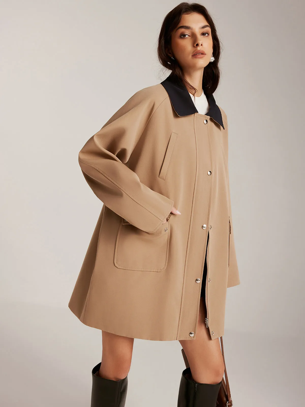 Contrast-Collar Zipper Loose Trench Coat sold by COMMENSE product image thumbnail 3