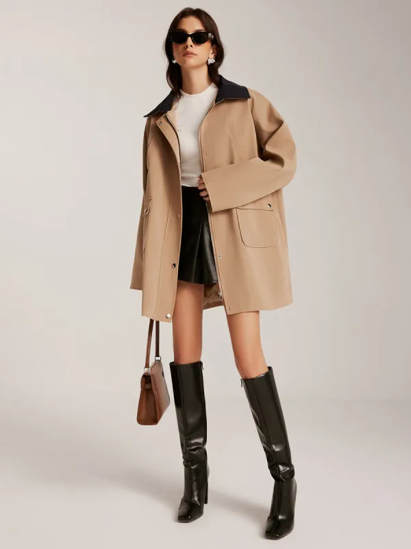 Contrast-Collar Zipper Loose Trench Coat sold by COMMENSE