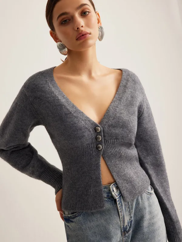 V-Neck Ribbed Split Slim Cardigan sold by COMMENSE