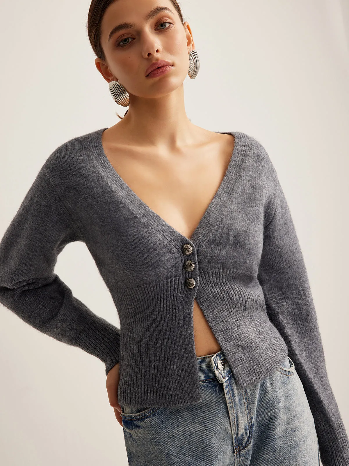 V-Neck Ribbed Split Slim Cardigan sold by COMMENSE