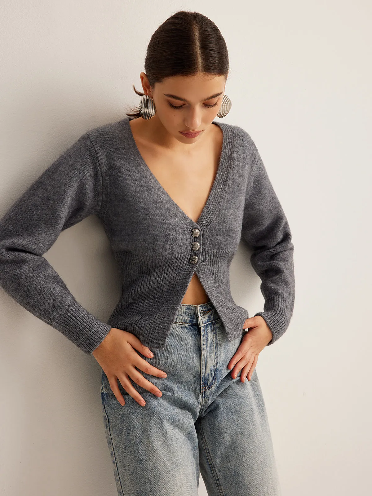 V-Neck Ribbed Split Slim Cardigan sold by COMMENSE product image thumbnail 2