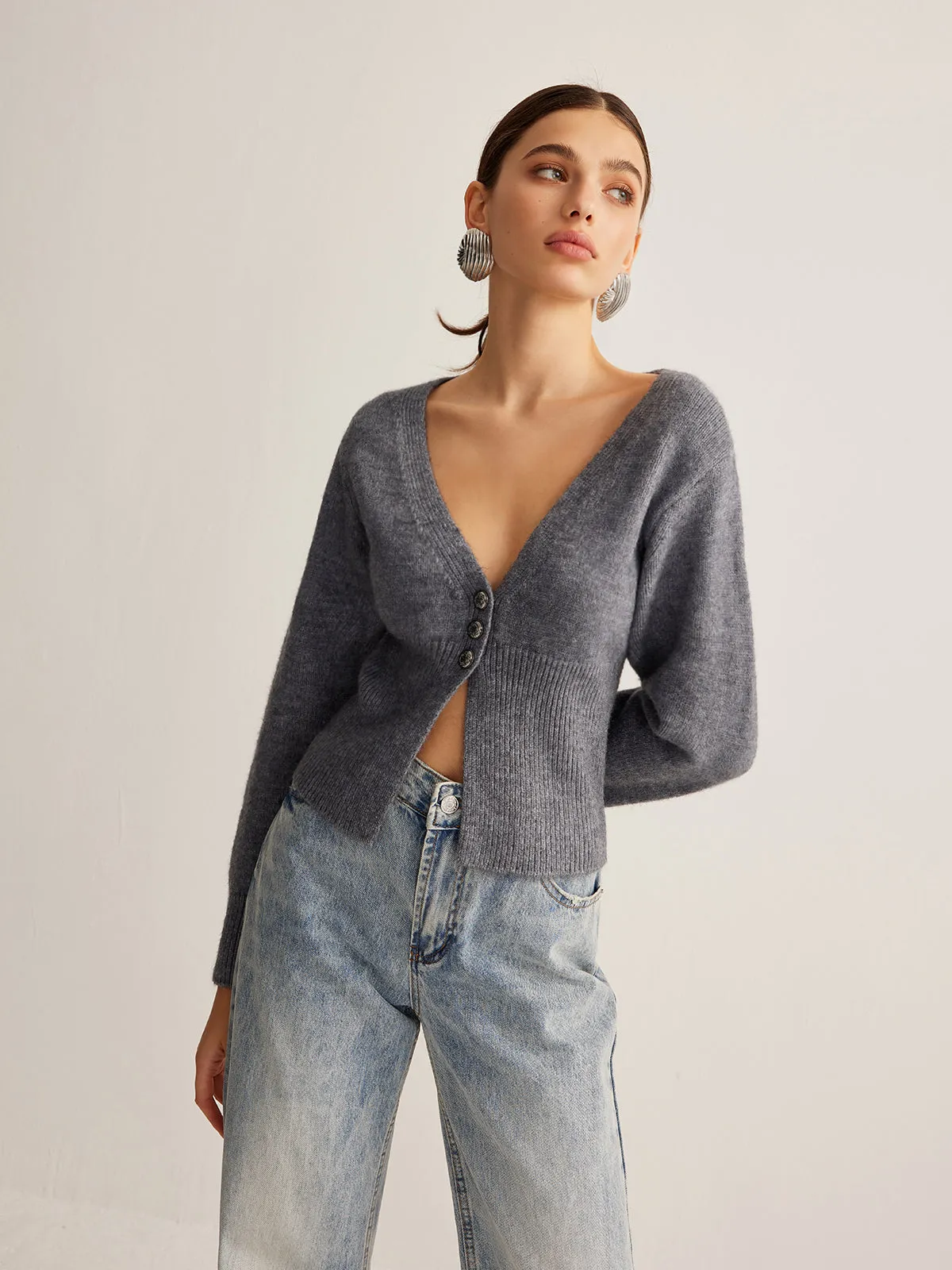 V-Neck Ribbed Split Slim Cardigan sold by COMMENSE product image thumbnail 3