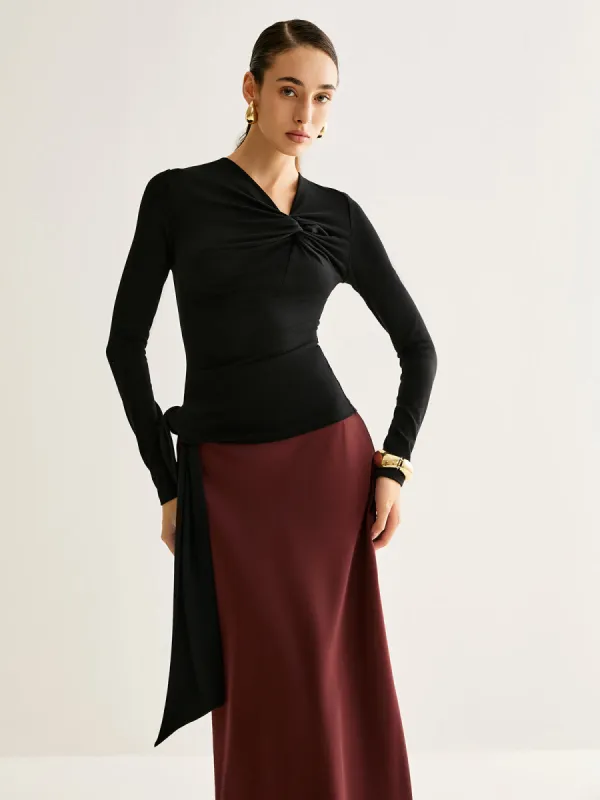 Asymmetrical Neck Knotted Slim Top sold by COMMENSE