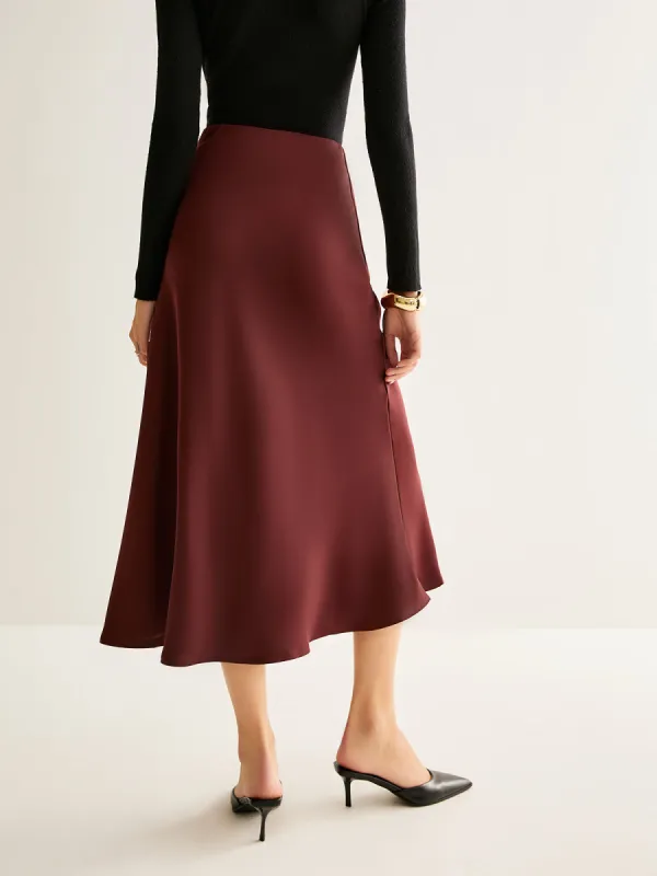 Burgundy Flowy Satin Skirt sold by COMMENSE