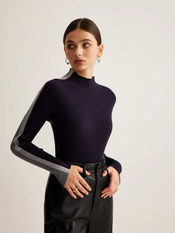 Mock Neck Color Block Knit Top sold by COMMENSE
