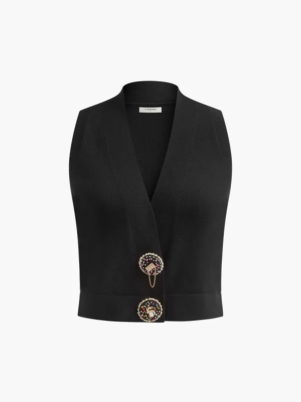 Wool-Blend Rhinestone-Button Sweater Vest sold by COMMENSE