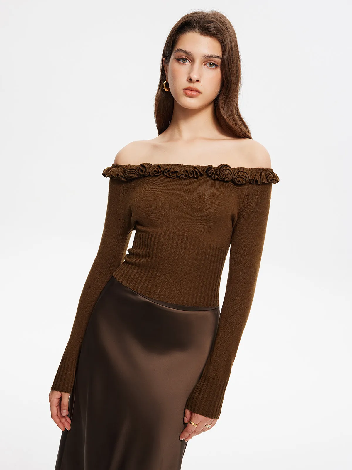 Cashmere-Blend Off-Shoulder Ruffle Sweater sold by COMMENSE product image thumbnail 2