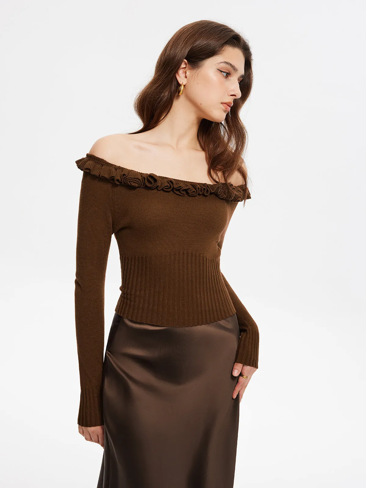 Cashmere-Blend Off-Shoulder Ruffle Sweater sold by COMMENSE product image thumbnail 4
