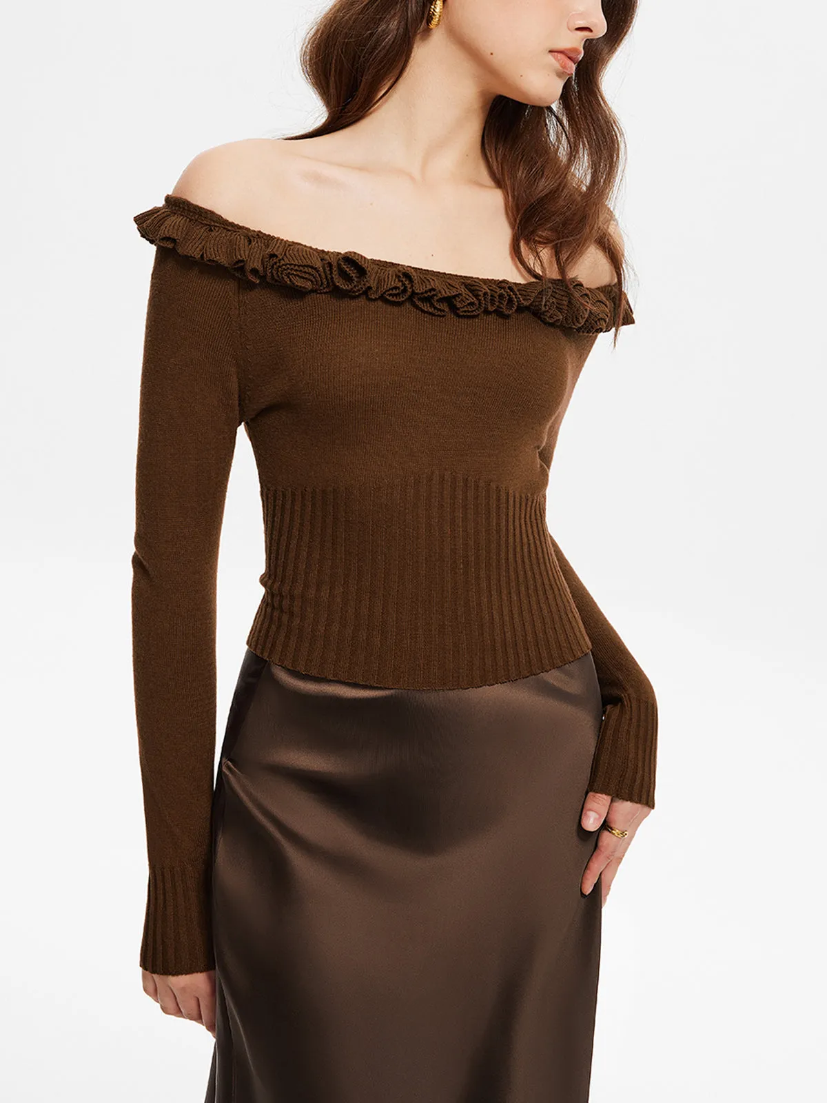 Cashmere-Blend Off-Shoulder Ruffle Sweater sold by COMMENSE