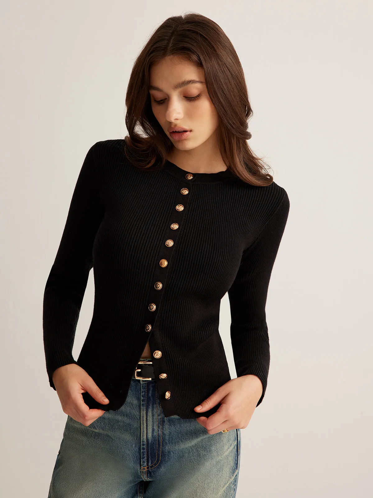 Button Down Skinny Knit Top sold by COMMENSE