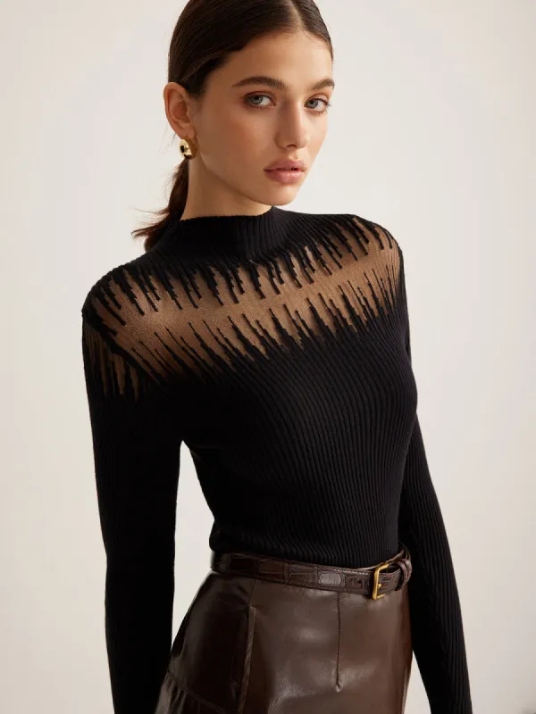Mock Neck Sheer Panel Knit Top sold by COMMENSE