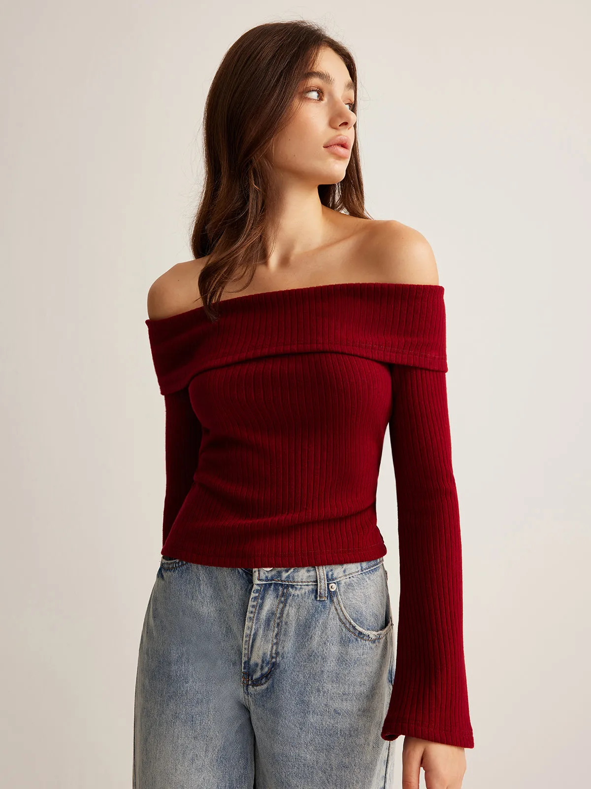 Off-Shoulder Ribbed Slim Top sold by COMMENSE product image thumbnail 4