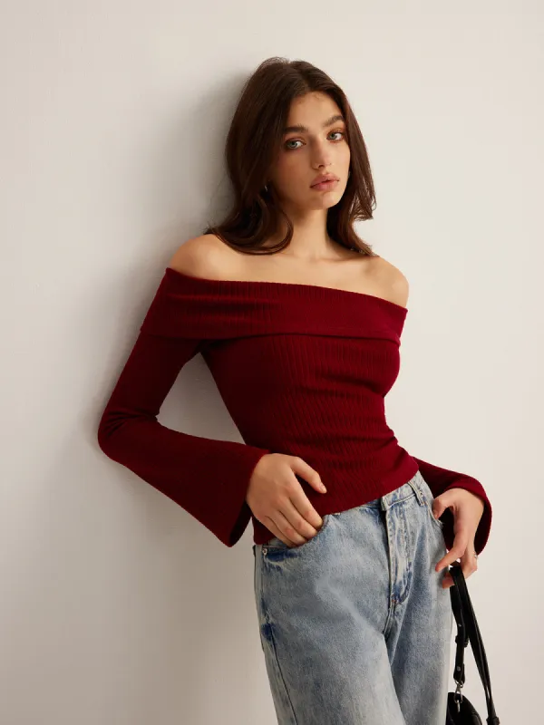 Off-Shoulder Ribbed Slim Top sold by COMMENSE