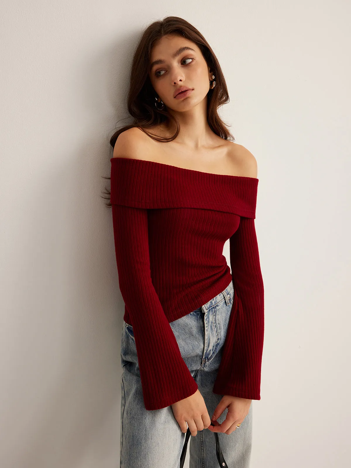 Off-Shoulder Ribbed Slim Top sold by COMMENSE product image thumbnail 2